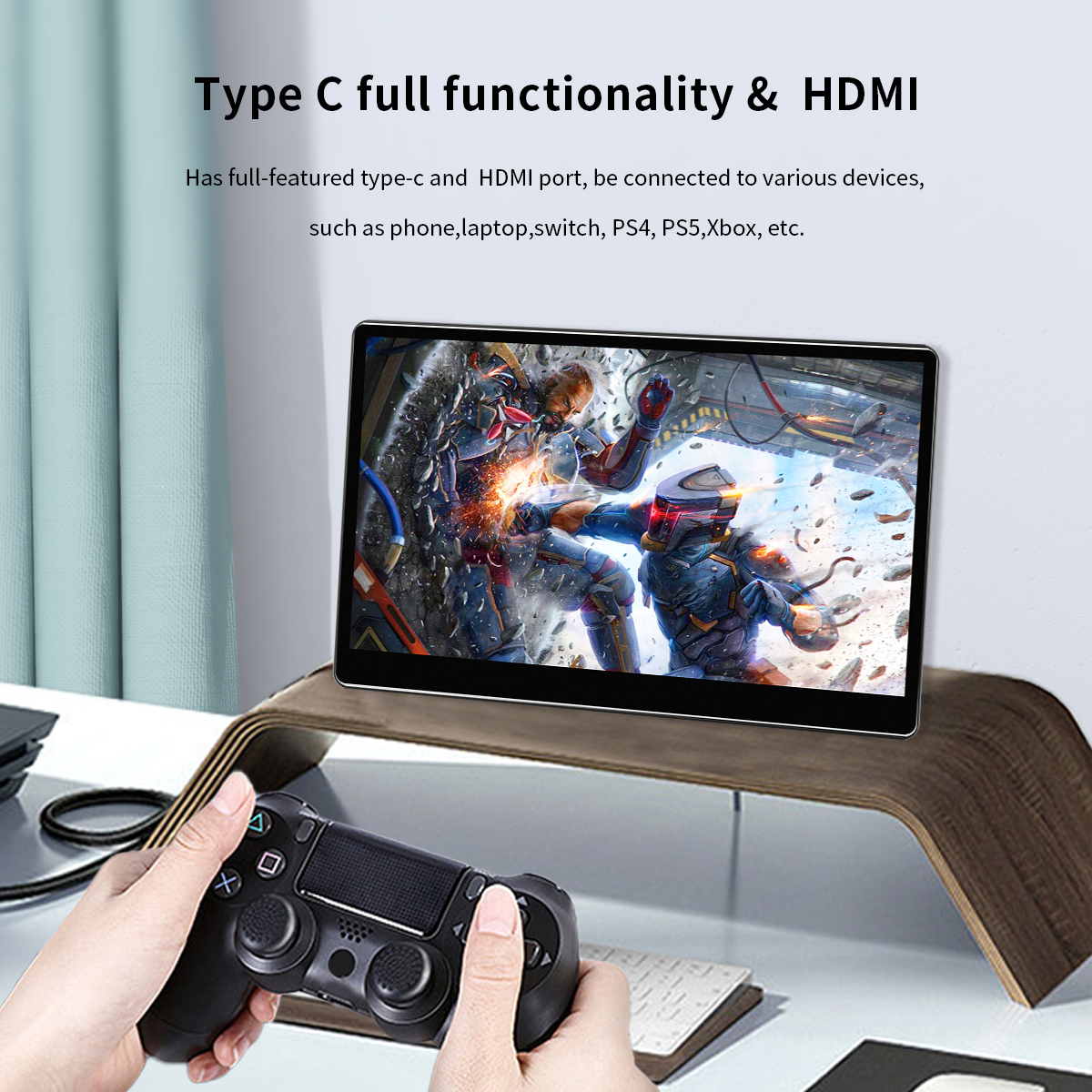 Portable Monitor for Daily Work or Game Scene Display with Rotatable Bracket/15.6 Inch HDR Touchscreen/HDMI,2 Type-C Ports,2 USB Ports/ Compatible with Laptops, PC, MAC and Phones