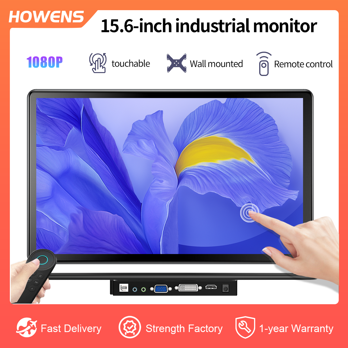 15.6 Inch Multi-Port Industrial Monitor/Quick-responsive Touchscreen/1080P FHD Screen/ HDMI,DVI , VGA Port  and USB Touch