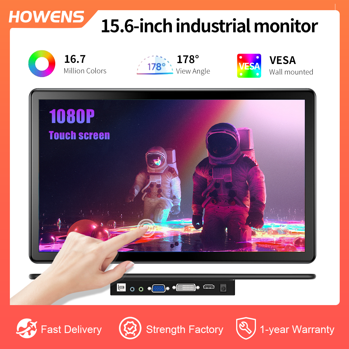 15.6 Inch Wall-Mounted Industrial/Commercial Monitor/HDMI,DVI,VGA,USB Touch Port/FHD Touchscreen